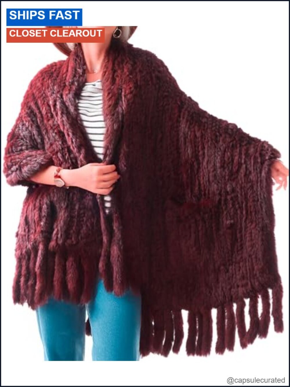 Genuine Rabbit Fur Shawl Wrap with Pockets Woven Fringe Poncho Cape